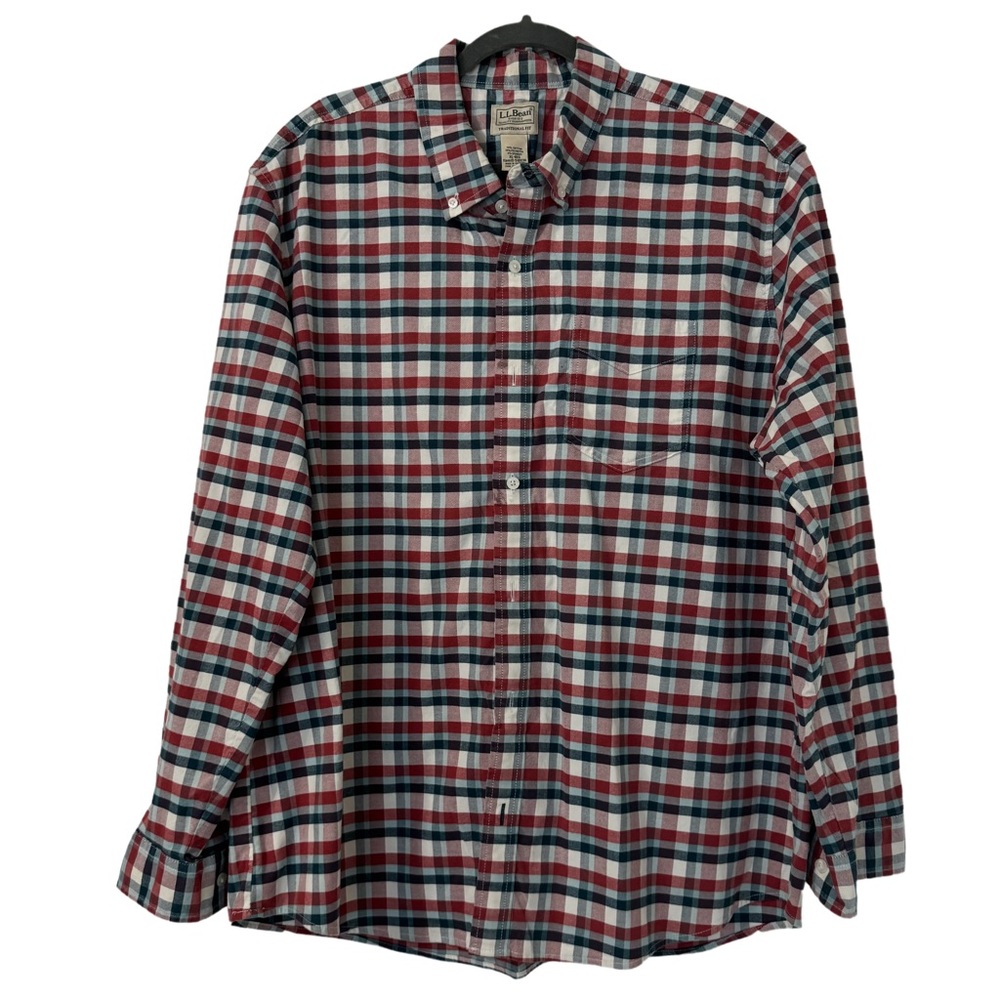L.L Bean Plaid Traditional Fit Button Down Shirt Blue Red White Size XL